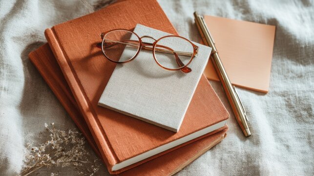 A cozy workspace featuring brown notebooks, a pair of round eyeglasses, a pen, sticky notes, and dried flowers on a textured fabric surface.