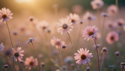 Fototapeta premium Blooming daisies in serene outdoor field at sunset