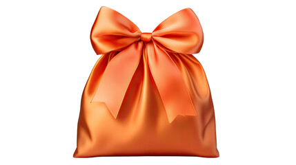 Elegant gift silk pouch with orange ribbon bow isolated on white background