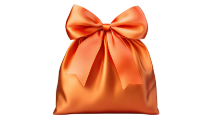 Elegant gift silk pouch with orange ribbon bow isolated on white background