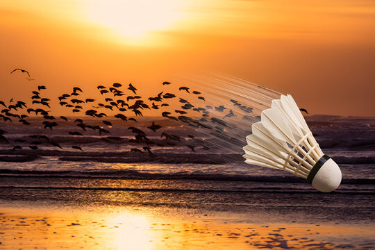 Badminton shuttlecock flying across dramatic sunset sky over ocean waves and migrating birds, sports energy and motion concept, dynamic outdoor game symbol, vibrant evening light, nature harmony, athl