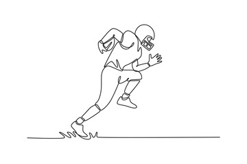 Single one line drawing side view American football player holding the ball in hand and running fast toward goal line. Sports, action, motion. Continuous line draw design graphic vector illustration