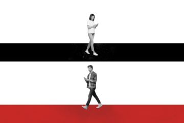 Creative poster collage of two friends couple communicate network chat messenger modern technology red black magazine surrealism metaphor