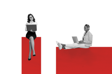 Creative drawing collage picture of two people communicate network office outsource remote work red rectangle magazine surrealism metaphor