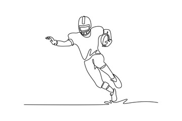 Fototapeta premium Continuous one line drawing young agile american football player running fast toward goal line. Sportsman in action. Sport, competition, tournament. Single line draw design vector graphic illustration