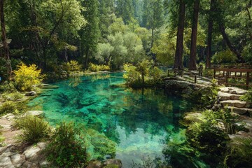 Fototapeta premium Tranquil turquoise pool nestled within a lush forest