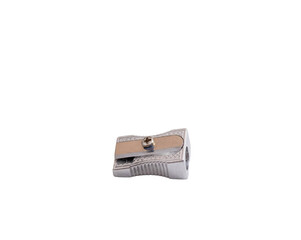 Pencil sharpener and sawdust. Dirty pencil sharpener. Pencil sharpener filled with sawdust.,