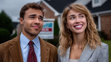 housing crisis, American dream, A smiling young couple stands outside a house, possibly celebrating a new home purchase or real estate success.