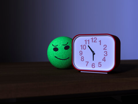 3d rendering of mischievous green emoji and alarm clock in morning