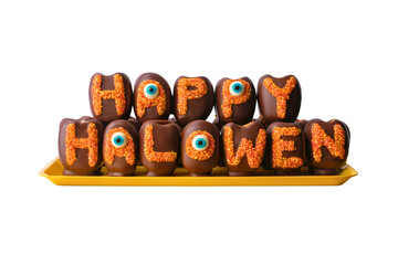 Halloween Chocolate-Dipped Candy Apple Slices with Happy Halloween Icing on Yellow Tray PNG