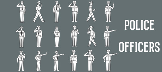 Fototapeta premium Minimal Outline Vector Illustrations of Police Officers – Standing, Walking, Patrolling, and Communicating – Clean Hand-Drawn Style for Architectural, Civic, and Public Safety Design Use
