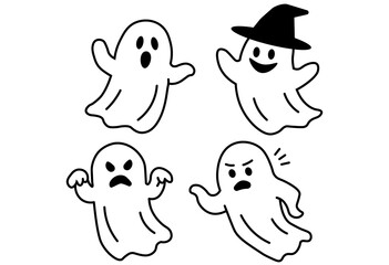 Ghosts with Various Expressions Line Art Set

A set of four ghost illustrations with various facial expressions, including surprise, smile, anger, and a witch hat.