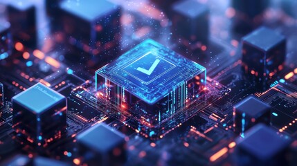 Glowing computer chip and circuit board in digital space at night