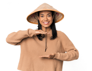Young Filipina with Vietnamese hat holding something with both hands, product presentation.