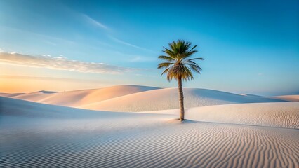 A lone palm tree stands in the vast white sand dunes