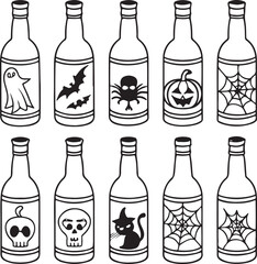 Set of Halloween themed black and white bottle icons with spooky designs for decoration and crafts