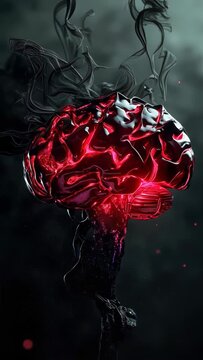 Human brain made of black glossy material is glowing with red light and surrounded by smoke. The concept of headache, artificial intelligence. Vertical video