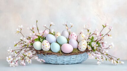 Obraz premium Blue textured basket filled with pastel-colored Easter eggs, styled with delicate spring twigs