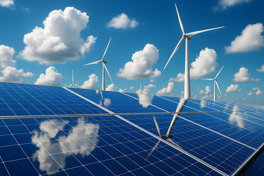 Solar panels and wind turbines generating renewable energy on a sunny day