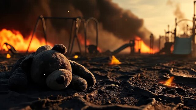 Children's toy bear lies on cracked ground in front of a burning playground with smoke and fire rising.
The concept of war and destruction
