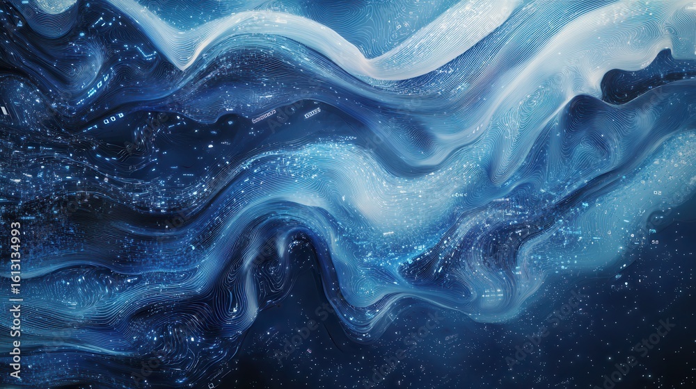 Poster abstract digital data representation with swirling lines and numbers