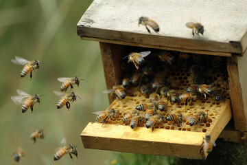 Buzzing beehive with bees actively entering and exiting during daylight hours in a natural setting