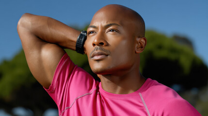 Healthspan & Vitality type. Man in pink athletic wear striking a thoughtful pose outdoors.
