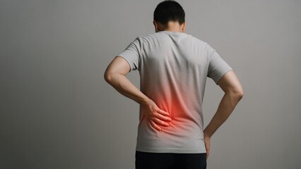 A man standing with holding their lower back area in pain on a light background, Lower Back Pain, spine pain, medical issues