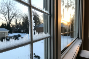 Frost patterns adorn a window as the winter sun sets in the background