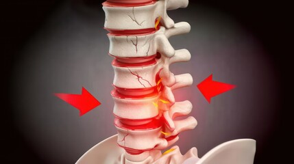 A herniated disc with red arrows indicating pain on a simple background, Lower Back Pain, spine pain, medical issues