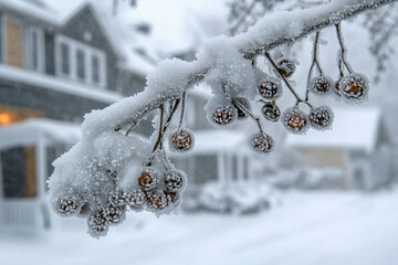 Close-up view of frozen berries covered in frost hanging from a branch in winter landscape