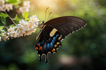 Colorful butterfly perched on blooming flower in a serene garden during sunset