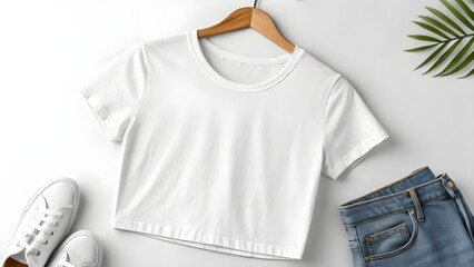 Mockup White cropped t-shirt, casual clothing, and accessories on a white background.