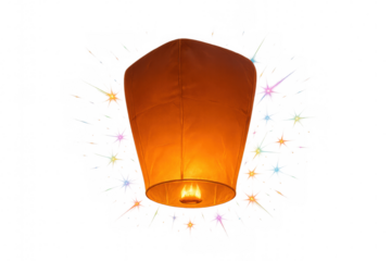 Sky lantern glowing with flame, drifting through sparkling luminescence against transparent backdrop, embodying celebratory atmosphere