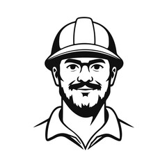 Builder illustration, man icon in construction helmet, bearded man avatar, man logo design