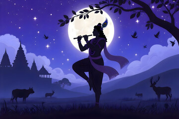 Krishna playing flute under moonlight, vibrant spiritual landscape with wildlife and temple silhouettes