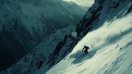 Skier descending snowy mountain