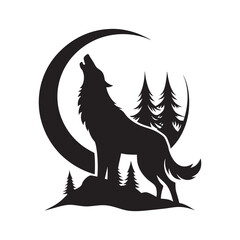 Twin Wolves Howling At Night Moon Silhouette