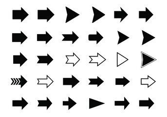 Vector art of many different arrow icons are pointing right isolated on white background