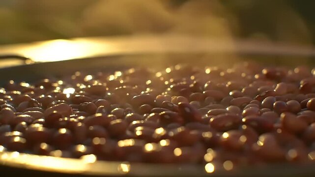 Close-up of many red beans cooking outdoors. Sunlight highlights the glistening surface