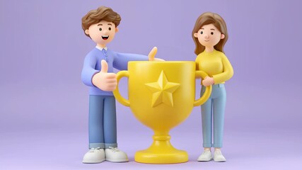Two animated characters celebrating a trophy achievement.