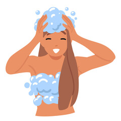 Teenage girl cartoon character with naked body in foamy bubbles taking shower isolated portrait