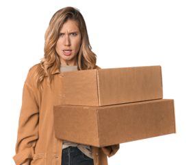 Blonde Caucasian moving with large boxes screaming very angry and aggressive.