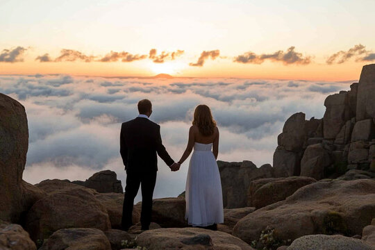 Couple holds hands together at sunset over the clouds