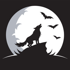 Wolf Howling At Moon Behind Mountains Silhouette
