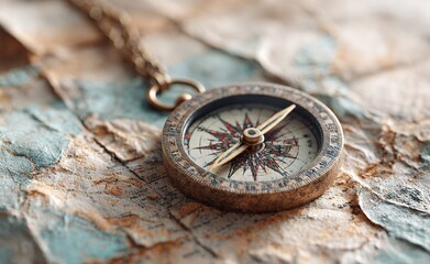 Golden compass lying on an antique map guiding explorers to new lands