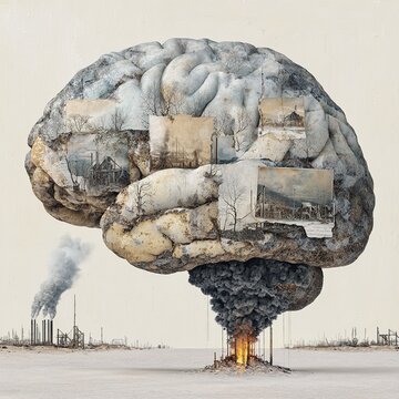 Brain covered with industrial photos exploding over desolate landscape