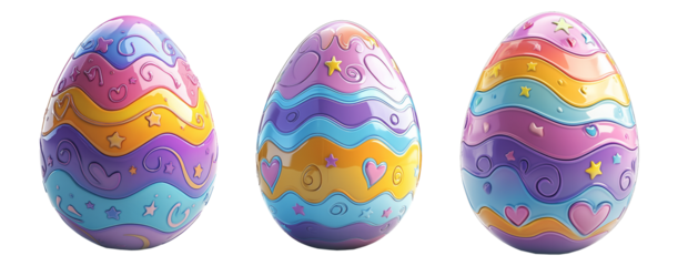 Vibrant Easter egg with embossed patterns of waves, stars, and hearts in pastel colors isolated on white transparent background. Festive holiday decoration concept