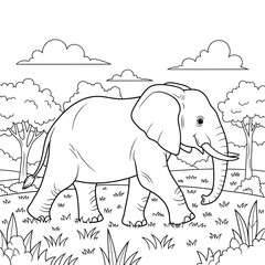 Cartoon Elephant Walking in Jungle Scene — Easy Animal Coloring Page for Kids with Trees, Grass, and Clouds in Nature Landscape