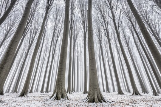 Misty winter forest, tall trees - Powered by Adobe